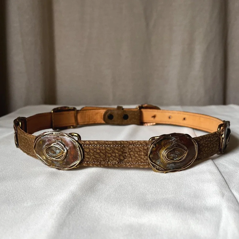 Elaine Coyne 1981 Signed Copper‎ Concho Leather Belt Adjustable 25-29